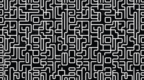 Seamless pattern of interlocking white rectangular lines forming a maze or circuit board style grid on a black background