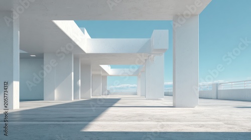 Modern architectural interior perspective with white walls and blue sky view