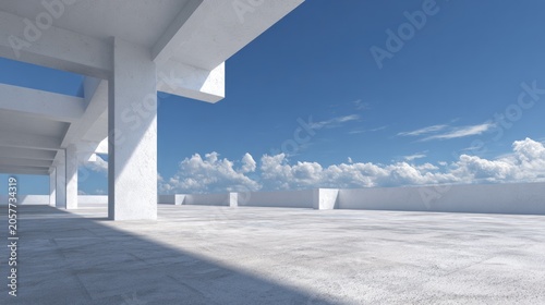Modern architectural structure against a vibrant blue sky with soft white clouds