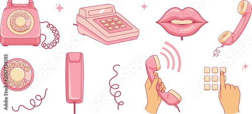 Retro Pink Telephone Vector Icon Set with Vintage Rotary Phone, Push Button Landline, Lips Shape, Cord, and Hand Dialing Gestures for Y2K Aesthetic and Nostalgic Graphic Designs