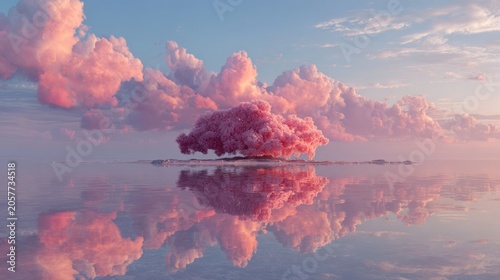 Dreamlike scene of a tree amidst pink clouds reflecting in still water