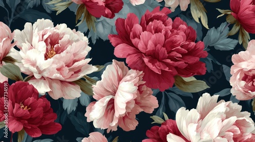 Close up of vibrant peonies in full bloom with various colors and textures