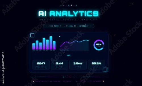 Futuristic AI Analytics Dashboard Interface Illustration with Neon Glow and Data Visualization