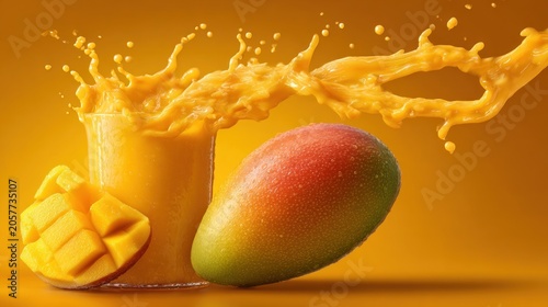 Fresh mango fruit and splash of juice in vibrant artistic composition