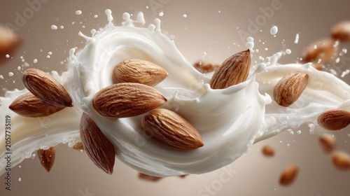 Almonds and milk splash with a swirl of liquid creating a fresh composition