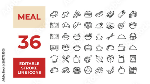 Meal icon set. Editable line icons. Vector illustration.

