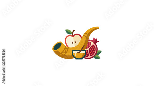 Fotografie Shofar, Pomegranate, Honey, Rosh Hashanah Symbols - Illustration