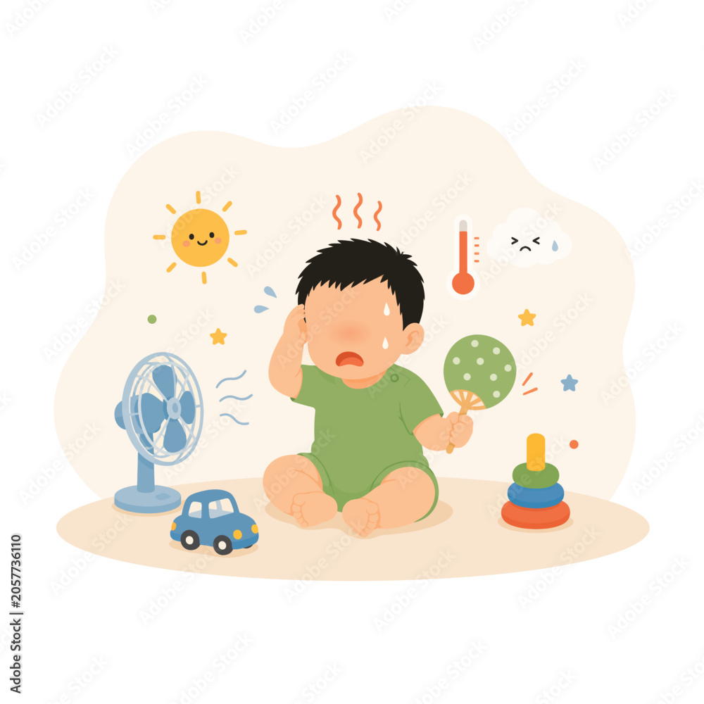 Fototapeta premium Baby toddler sweating and feeling hot during summer flat vector illustration