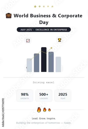 World Business & Corporate Day Event Graphic with Bar Chart, Statistics, and Icons