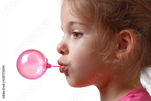 A young girl intently blows a pink bubble, her lips pursed in concentration.