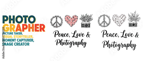 Set of photographer designs with peace sign, floral heart, and camera illustrations vector t shirt