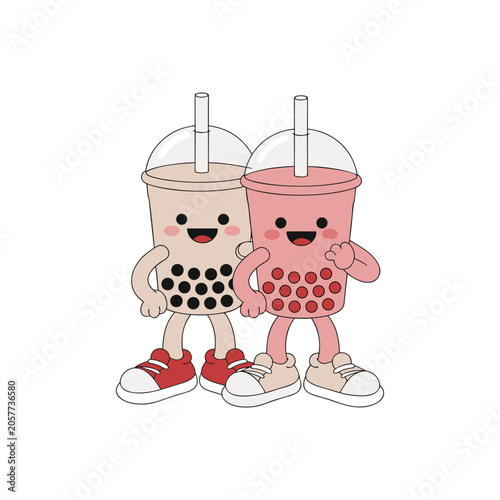 Two cute bubble tea cup characters with arms and legs