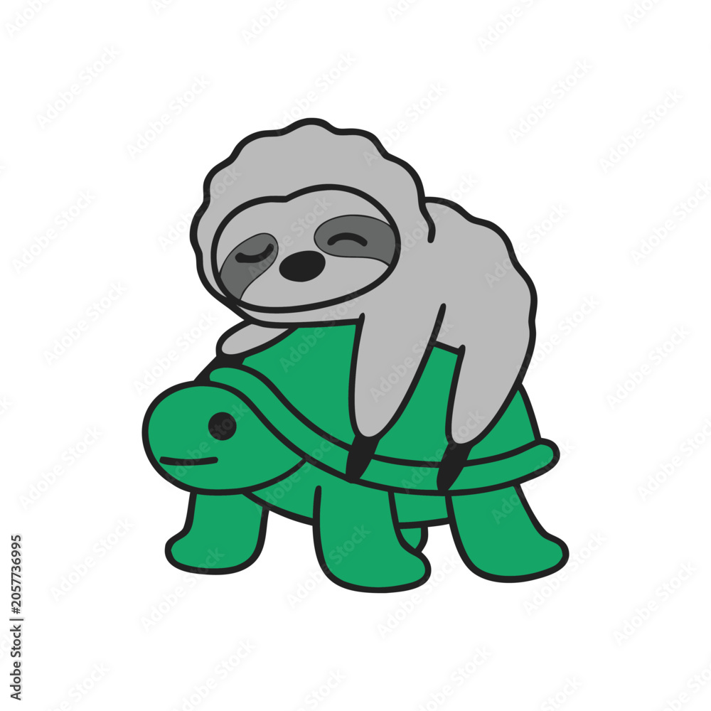 Fototapeta premium Cute cartoon sloth sleeping on a green turtle