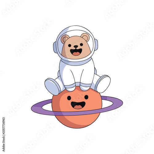 Cute bear astronaut sitting on a happy planet