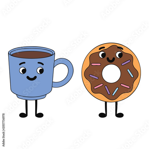 Cute cartoon coffee cup and chocolate donut characters