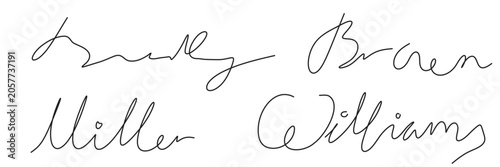 Foto Set of hand drawn fake signatures or autographs for Bradly, Brown, Williams  and Miller