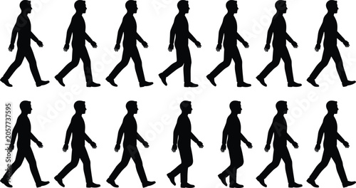 Foto Man walking cycle animation frames sheet with silhouettes showing a full stride