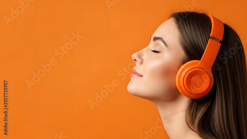 Serene side profile of a cheerful young woman wearing bright orange headphones, blissfully relaxing while listening to audio music with closed eyes in a tranquil moment of indoor leisure.
