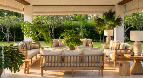 Luxury tropical villa semi-outdoor living room patio with elegant wooden furniture and lush green garden view