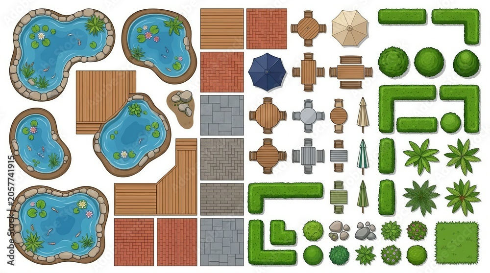 Naklejka premium Garden pond deck umbrella furniture illustration set with tables chairs hedges bushes rocks decor