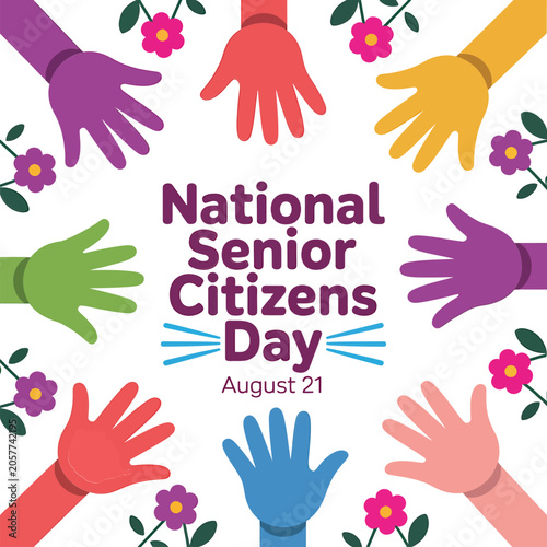 National senior citizens day august 21 greeting card with colorful hands and flowers isolated on white background