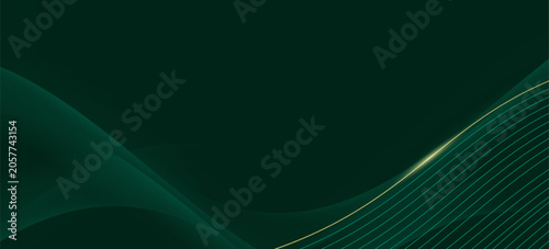 3D green luxury abstract background overlap layer on dark space with golden wave lines decoration. Modern graphic design element cutout style concept for web banner, art, flyer, card or brochure cover