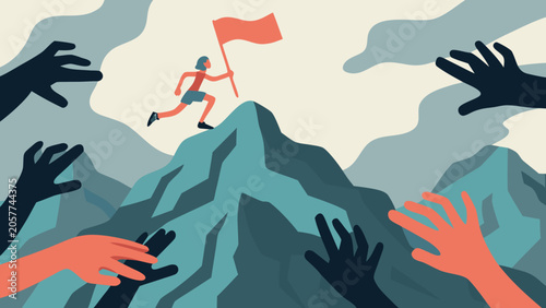 Quadro su tela Person Running With Flag On Mountain Vector Illustration