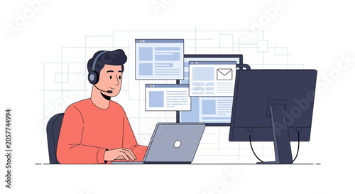 Person with headset working on laptop surrounded by multiple computer screens displaying data and communication interfaces
