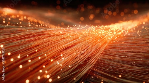 Abstract glowing orange fibers intertwined with sparkling lights, representing data flow and futuristic technology