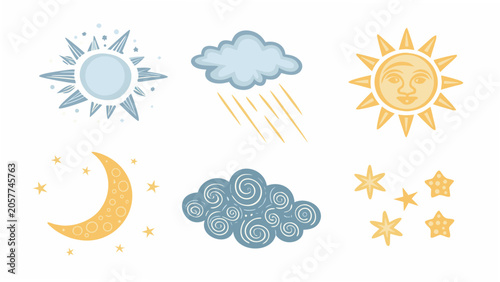 Foto Fantasy Style Weather Elements Illustration With Sun Moon And Clouds
