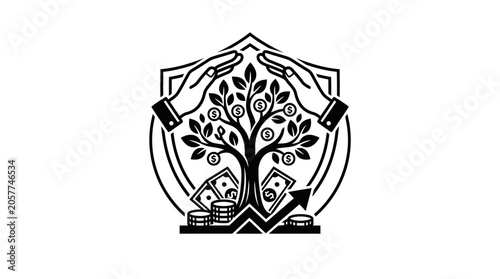 Money tree protected by hands and shield with financial growth elements