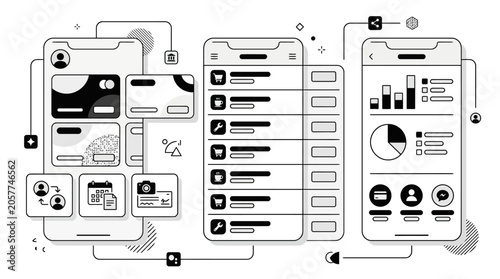 Multiple smartphone screens displaying app user interface elements