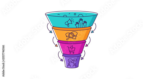Multi-stage marketing sales conversion funnel vector illustration