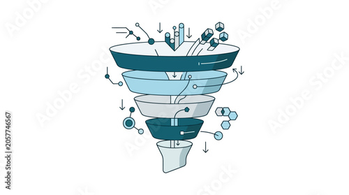 Multi-layered data funnel illustration with abstract elements and process flow