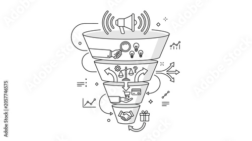 Multi-stage sales and marketing funnel with business process icons