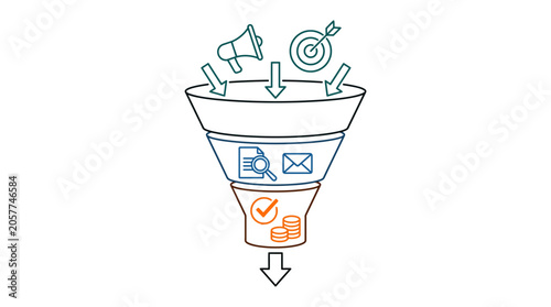 Multi-stage sales and marketing funnel with business process icons