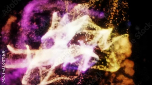 Abstract motion graphics video: glowing digital particles emerge from a deep black void, forming clusters, expanding into brilliant light explosions with ethereal bloom and crisp light trails.