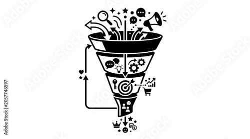 Multi-stage sales and marketing funnel with business process icons