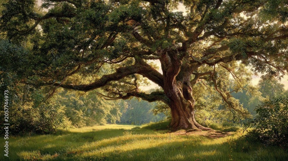 Fototapeta premium Majestic oak tree painting in a sunny meadow. AI generated image