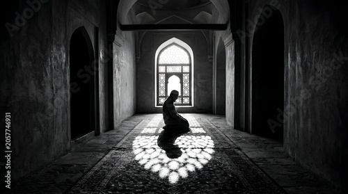 Silhouette of a person kneeling in prayer inside a dark symmetrical mosque hall