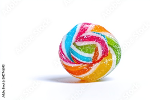 A vibrant, swirled lollipop with multiple colorful stripes sits in a sugary glaze, hinting at sweet indulgence and childhood delight.