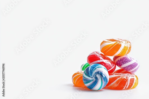 A vibrant assortment of colorful swirl hard candies are piled high, showcasing their delightful patterns and sweet temptation.