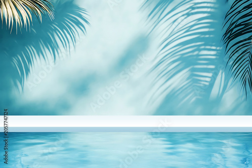 Tropical summer background with plaster wall, pool water and palm shadow. Luxury hotel resort poolside scene mockup template. Beach vacation holiday