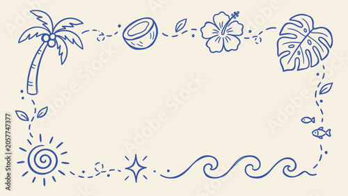 Tropical summer frame vector with hand drawn palm tree hibiscus flower monstera leaf sun and waves border for copy space