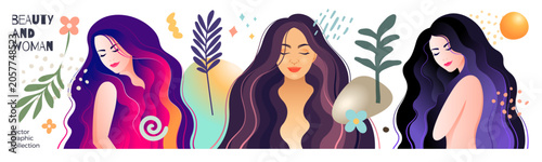 Fotografía Illustrations of three diverse women's portraits with long flowing hair, adorned with botanical elements and abstract shapes, symbolizing beauty and femininity