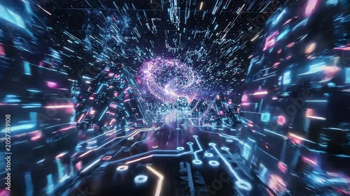 Futuristic digital landscape with floating geometric shapes and neon glowing circuit patterns moving through a virtual reality dimension