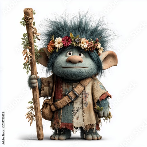 Playful Woodland Troll with Floral Club