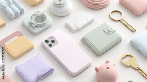 Pastel-colored phone case, accessories, and objects on white background
