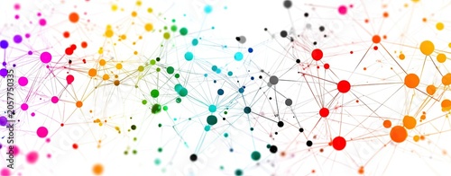 Colorful network of interconnected circles and lines on white background
