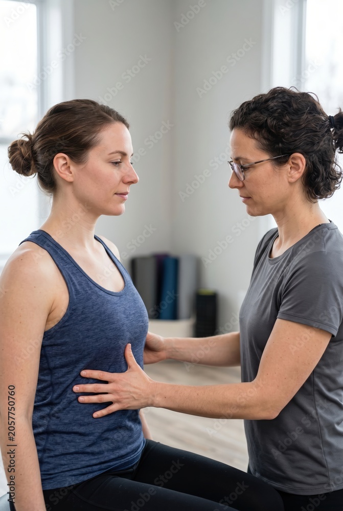 Fototapeta premium Physiotherapist guiding client through ribcage breathing exercise